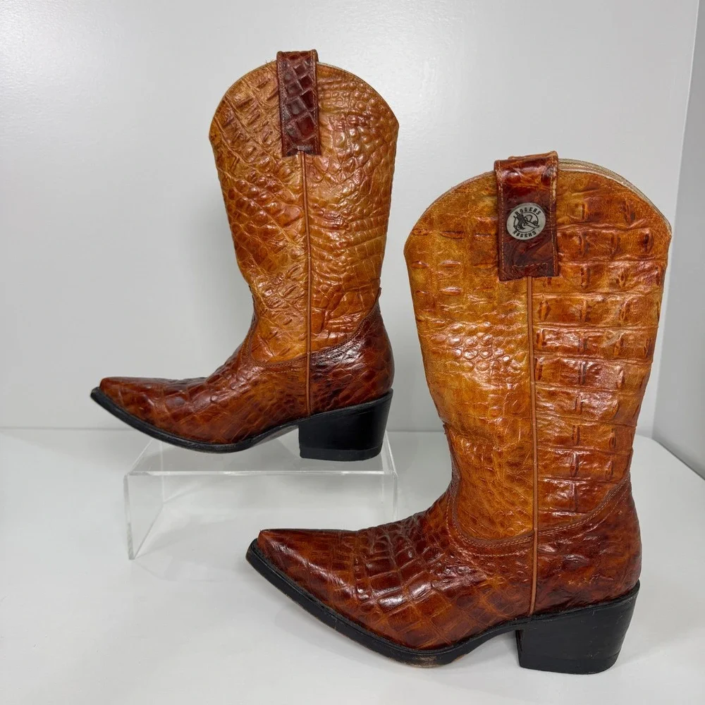 Rogers Boots Boys Cognac Brown Alligator Embossed Leather‎ Cowboy Boots 4.5Y